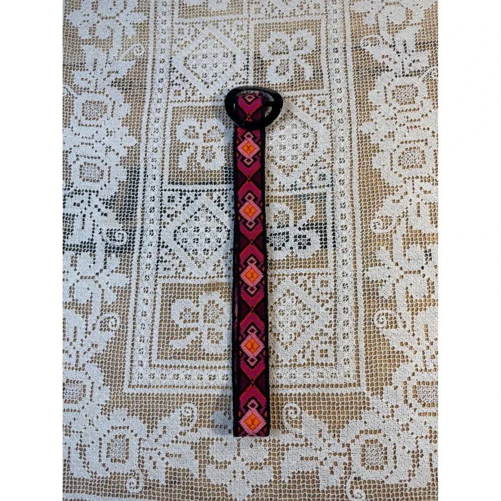 Vtg Woven Geometric Diamond Belt Pink Orange Boho Textile Black Round Buckle 33
